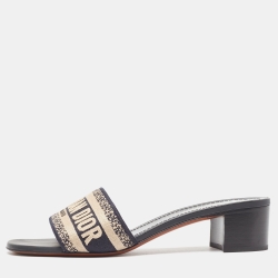 Pre Owned Dior Beige/Navy Blue Embroidered Canvas Dway Slide Sandals Size 38