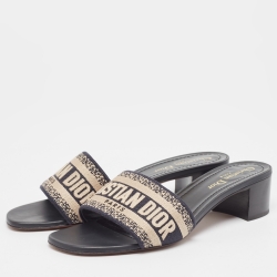 Pre Owned Dior Beige/Navy Blue Embroidered Canvas Dway Slide Sandals Size 38
