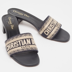Pre Owned Dior Beige/Navy Blue Embroidered Canvas Dway Slide Sandals Size 38