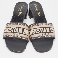Pre Owned Dior Beige/Navy Blue Embroidered Canvas Dway Slide Sandals Size 38