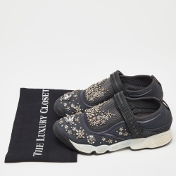 Pre Owned Dior Blue Neoprene and Mesh Fusion Crystal Embellished Slip On Sneakers Size 38.5