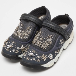 Pre Owned Dior Blue Neoprene and Mesh Fusion Crystal Embellished Slip On Sneakers Size 38.5