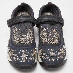 Pre Owned Dior Blue Neoprene and Mesh Fusion Crystal Embellished Slip On Sneakers Size 38.5