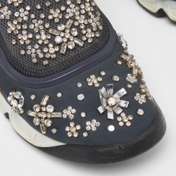 Pre Owned Dior Blue Neoprene and Mesh Fusion Crystal Embellished Slip On Sneakers Size 38.5