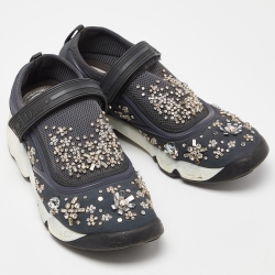 Pre Owned Dior Blue Neoprene and Mesh Fusion Crystal Embellished Slip On Sneakers Size 38.5