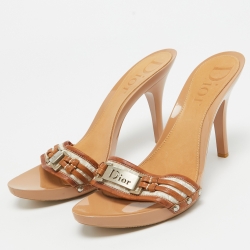 Pre Owned Dior Brown/Grey Leather and Canvas Slip  Sandals Size 40.5