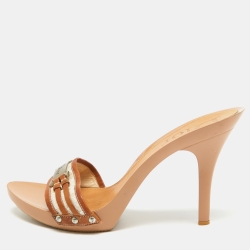 Pre Owned Dior Brown/Grey Leather and Canvas Slip  Sandals Size 40.5