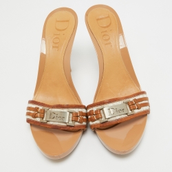 Pre Owned Dior Brown/Grey Leather and Canvas Slip  Sandals Size 40.5