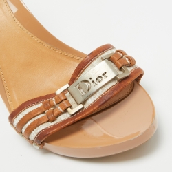 Pre Owned Dior Brown/Grey Leather and Canvas Slip  Sandals Size 40.5