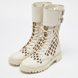 مملوكة مسبقًا Dior White Cut Out Leather Buckle Details Mid Calf Boots Size 39.5