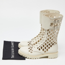 مملوكة مسبقًا Dior White Cut Out Leather Buckle Details Mid Calf Boots Size 39.5