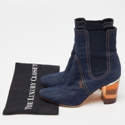 Pre Owned Dior Blue Denim Cube Block Heel Ankle Booties Size 37.5