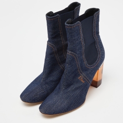 Pre Owned Dior Blue Denim Cube Block Heel Ankle Booties Size 37.5