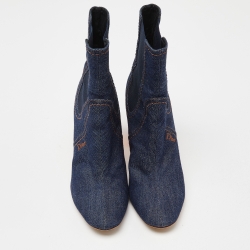 Pre Owned Dior Blue Denim Cube Block Heel Ankle Booties Size 37.5