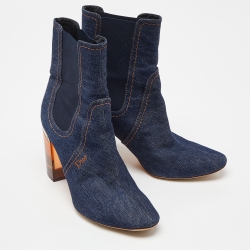 Pre Owned Dior Blue Denim Cube Block Heel Ankle Booties Size 37.5