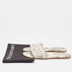 Pre Owned Dior Grey/Off White Embroidered Canvas Dway Flat Slides Size 37