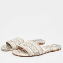 Pre Owned Dior Grey/Off White Embroidered Canvas Dway Flat Slides Size 37
