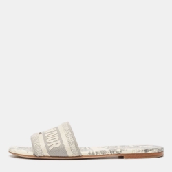 Pre Owned Dior Grey/Off White Embroidered Canvas Dway Flat Slides Size 37