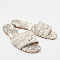 Pre Owned Dior Grey/Off White Embroidered Canvas Dway Flat Slides Size 37