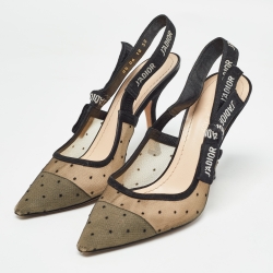 Pre Owned Dior Black Polka Dot Mesh and Suede J'adior Slingback Pumps Size 38