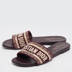Pre Owned Dior Burgundy/Beige Canvas Dway Flat Slides Size 36