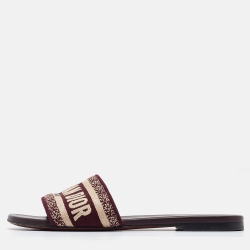 Pre Owned Dior Burgundy/Beige Canvas Dway Flat Slides Size 36