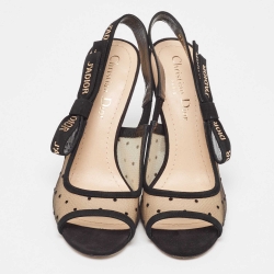 Pre Owned Dior Black/Beige Mesh and Suede Open Toe Slingback Sandals Size 35