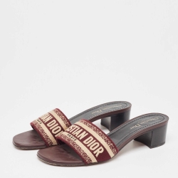 Pre Owned Dior Burgundy/Cream Embroidered Canvas Dway Slide Sandals Size 38