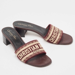 Pre Owned Dior Burgundy/Cream Embroidered Canvas Dway Slide Sandals Size 38