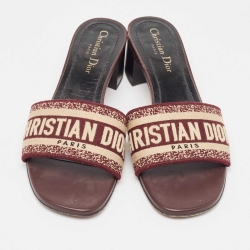 Pre Owned Dior Burgundy/Cream Embroidered Canvas Dway Slide Sandals Size 38