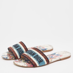 مملوكة مسبقًا Dior Tricolor Embroidered Canvas Dway Flat Slides Size 38