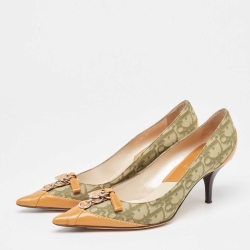 Pre Owned Dior Green/Tan Oblique Canvas and Leather Dior Charm Pumps Size 38