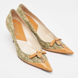Pre Owned Dior Green/Tan Oblique Canvas and Leather Dior Charm Pumps Size 38