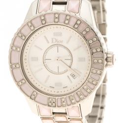 مملوكة مسبقًا Dior Pink Mother of Pearl Diamond Studded Stainless Steel Christal Women's Wristwatch 33 mm