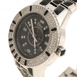 Pre Owned Dior Black Stainless Steel Diamond Christal Women's Wristwatch 33 mm
