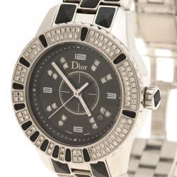 Pre Owned Dior Black Stainless Steel Diamond Christal Women's Wristwatch 33 mm