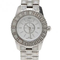 Pre Owned Dior White Stainless Steel Christal Women's Wristwatch 27MM