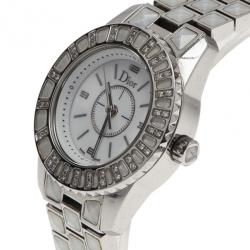 Pre Owned Dior White Stainless Steel Christal Women's Wristwatch 27MM