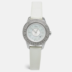 Pre Owned Dior Mother of Pearl Stainless Steel Leather Diamond  Christal  CD11311C Women's Wristwatch 33 mm