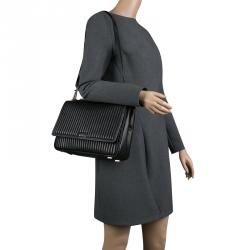 Pre Owned  DKNY Black Pinstripe Quilted Leather Large Gansevoort Flap Shoulder Bag 