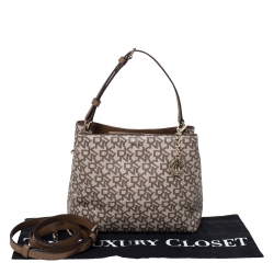 Pre Owned Dkny Brown/Beige Signature Coated Canvas and Leather Bryant Bucket Bag