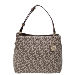 Pre Owned Dkny Brown/Beige Signature Coated Canvas and Leather Bryant Bucket Bag