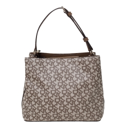Pre Owned Dkny Brown/Beige Signature Coated Canvas and Leather Bryant Bucket Bag