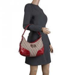 Pre Owned DKNY Beige and Red Signature Canvas and Crocodile Embossed Leather Hobo