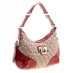 Pre Owned DKNY Beige and Red Signature Canvas and Crocodile Embossed Leather Hobo