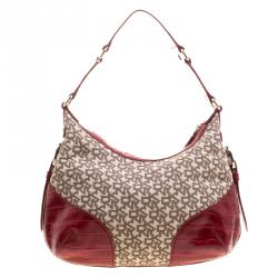 Pre Owned DKNY Beige and Red Signature Canvas and Crocodile Embossed Leather Hobo