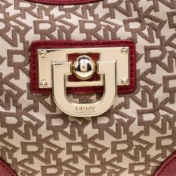 Pre Owned DKNY Beige and Red Signature Canvas and Crocodile Embossed Leather Hobo