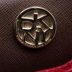Pre Owned DKNY Beige and Red Signature Canvas and Crocodile Embossed Leather Hobo