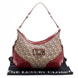 Pre Owned DKNY Beige and Red Signature Canvas and Crocodile Embossed Leather Hobo