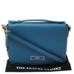 Pre Owned DKNY Blue Saffiano Leather Flap Shoulder Bag